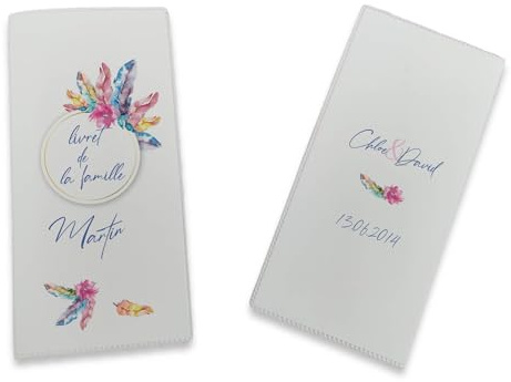 Livret de Famille personnalisé, idée cadeau personnalisable, cadeau mariage original, Protège Livret de Famille motif Plumes de couleurs - SP0110a (Blanc)