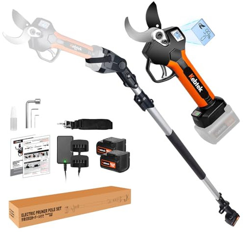 Kebtek Elektrische Gartenschere, 40 mm, Schnurlose Gartenschere mit Verlängerungsstange, 18 V Bürstenloser Motor, 2 Ah Wiederaufladbarer Akku, LCD-Display