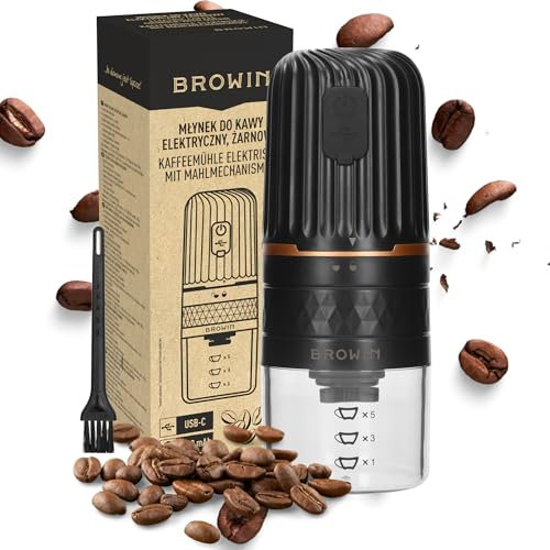 BROWIN® Kaffeemühle 320501 | Wiederaufladbare Kaffee-Bohnen-Mahlmaschine mit USB-C für Espresso bis French Press Kaffee | Mühle für Kaffeebohnen | Espressomühle mit Glasbehälter