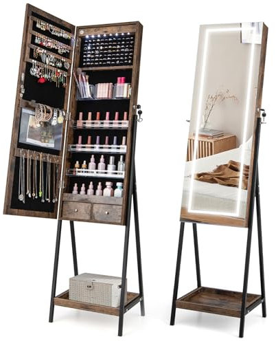GOPLUS Schmuckschrank mit Ganzkörperspiegel, Spiegelschrank Schmuck mit 3-farbigem LED-Licht & Ablage, abschließbarer Schmuck-Organizer, Schmuckaufbewahrung für Schlafzimmer (Rustikales Braun)