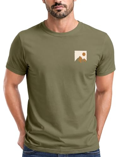 Neverless® Herren T-Shirt Outdoor Adventure Printshirt Brustlogo Natur Berge Wandern Fashion Streetstyle Army L