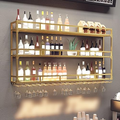 Modern Wine Storage Rack Wall Mounted With LED Light With Wine Glass Holder,Bar Unit Floating Shelves,with Wine Glass Holder Kitchen Storage Bar Shelves For Kitchen Dining Room Bar Decoration ( Color