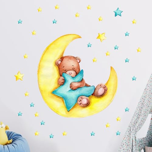 Viusneun Wandtattoo, Teddybär Wandaufkleber Schlafender Bär Wandtattoos Bär-Mond-Sterne Babyzimmer Wandsticker für Junge Mädchen Kinderzimmer Wanddeko