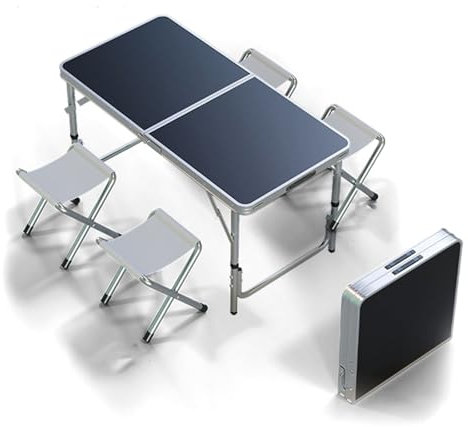 Campingtisch mit Hocker, höhenverstellbarer tragbarer Campingtisch aus Aluminium zusammenklappbar für den Außenbereich Picknicktisch und Hocker Stuhl-Set für Gartenparty, Grillen