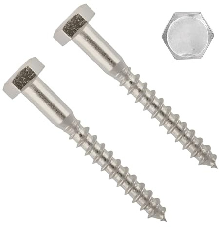 TERF® Lot de 2 vis tire-fond M12 x 90 mm à tête hexagonale en acier inoxydable A2 (304) Vis tire-fond M12 (12 mm) x 90 mm pour bois, maçonnerie, brique, béton, fixation murale