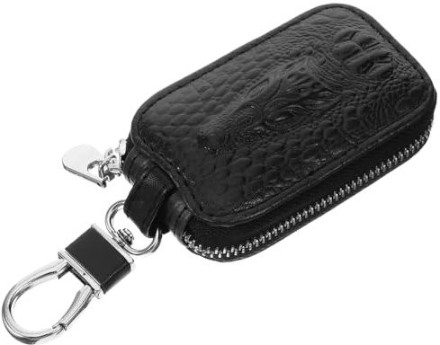 Black Leather Car Key Bag with Zipper Closure Compact Key Organizer for Adults Durable Holder for Car Keys and House Keys