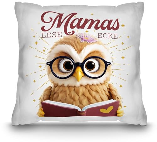 PR Print Royal Eulen-Kissen für Mama - Mamas Leseecke - Persönliches Geschenk für Mama zum Geburtstag, Muttertagsgeschenk | inkl. Füllung, 40 x 40 cm, Weiß