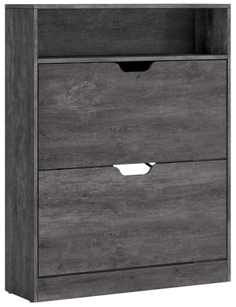 VASAGLE Schuhschrank, 2 Klappen, für 11-16 Paar Schuhe, 24 x 80 x 102 cm | Schuhkipper, Schuhregal, offenes Fach, Trennwand verstellbar, nebelgrau, CUSTOS Kollektion LBC048G01