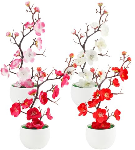Kapokr 4er Set Kunstblumen im Topf, Kunstblumen Wie Echt (30cm), Künstliche Blumen im Topf, Pflaumenblüte Seidenblumen Wie Echt, Deko Blumen Künstlich für Deko Wohnzimmer Frühlingsdeko