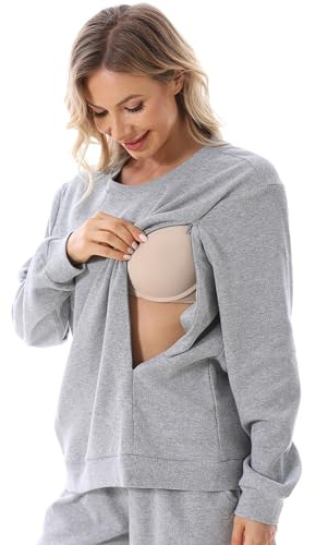 FEOYA Gravida kvinnor omvårdnad sweatshirt damer långärmad amningsskjorta sweatshirt amning topp mammamode varm tröja för amning, GRÅ, M