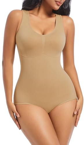 ONEW Shapewear för kvinnor, body-bh, tanktopp, med V-ringning, ljus, magkontroll, kroppsformare, midjeformande underkläder, Beige, M