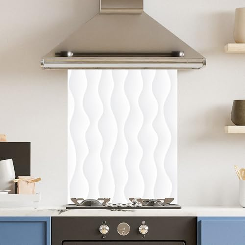 Toughened 6mm Glass Kitchen Splashback 60 x 75cm Wavy White Pattern - Polished Heat Resistant Back Splash for Cookers Hob