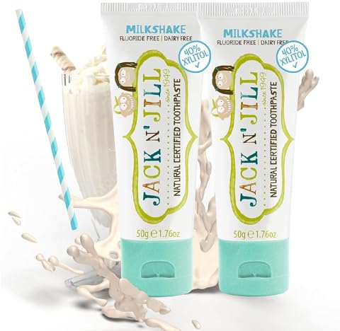 Jack N’ Jill Natural Certified Kids Toothpaste – Fluoride-Free Toddler & Baby Toothpaste with 40% Xylitol, No Sugar, Suitable from 6 Months+, Organic Milkshake Flavour, Pack of 2 (50g Each)