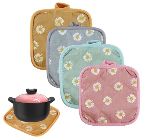 JEYORZY Set di 4 presine in cotone, 17 x 17 cm, resistenti al calore, lavabili per cucinare, accessori da cucina (margherite)