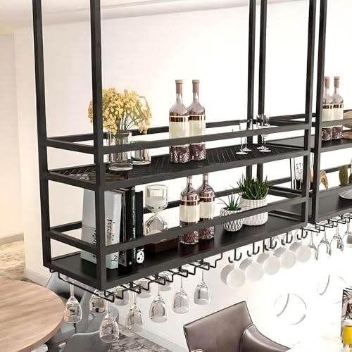RAJYQODIS Portabottiglie da soffitto, portabottiglie da appendere in metallo, espositore da parete a 2 ripiani per vino, mensola decorativa da soffitto per bar, ristoranti, cucine (Nero, 140cm)