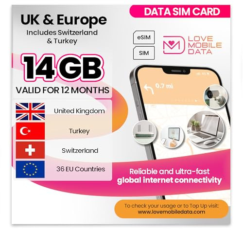 Love Mobile Data Only Sim Card - International Multi-Network 4G/5G Prepaid Data Sim for Mobile Phones, WiFi Routers & More, UK (O2, Three & Vodafone), Europe, Switzerland & Turkey - 14GB for 12 Months
