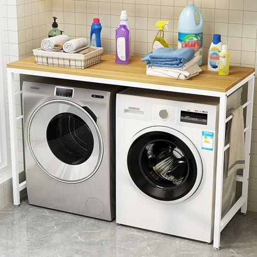 Meuble Machine à Laver et Seche Linge Support de Rangement Sur Pied pour Lave-linge et Sèche-linge, Plan de Travail en Bois pour Lave-linge et Sèche-linge, Support pour Lave-linge et Sèche-linge avec