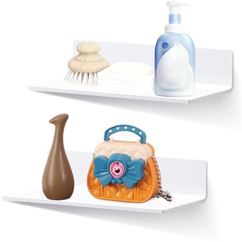 HUSOUE 2 Stück Wandregal Ohne Bohren, Selbstklebende Regale 20CM Länge Acryl Wandregal Floating Shelves mit Schrauben für Wohnzimmer Küche Büro Badezimmer (Weiß)