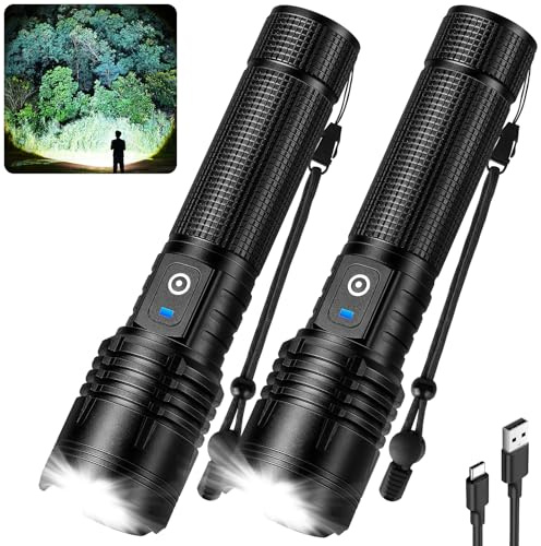 Kmivo Flashlight Rechargeable LED High Lumens, 99,000 Lumens Super Bright Flash Lights with 5 Modes, Adjustable，Waterproof Powerful Linterna for Home, Camping(2 Pack)