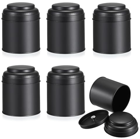 JUXYES 6 Pack Tea Tins Canister with Airtight Double Lids, 8 fl oz Loose Leaf Tea Storage Airtight Kitchen Canisters Tins Can Box for Storage Loose Tea Coffee Herbs and Spices, Black