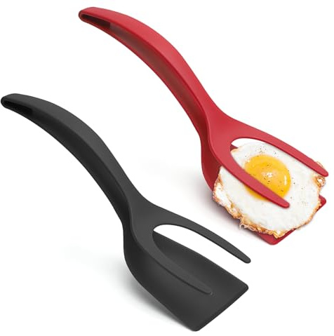 UOCAI 2 stycken stekta ägg, flipperspatel, 2-i-1 spatel och tång, plastspatel, non-stick äggsvarvare plastspatel för matlagning, grip flip gymnaster för fisk ägg hamburgare pannkakor (röd, svart)