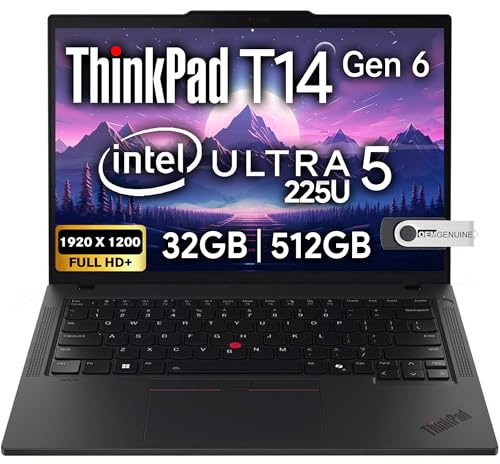 Lenovo ThinkPad T14 Gen 6 Business Laptop 14 FHD+ IPS, Intel Ultra 5 225U, 32GB DDR5 RAM, 512GB SSD, 5MP HD Webcam, Fingerprint, Backlit, Wi-Fi 6E, 2 Thunderbolt 4, AI PC