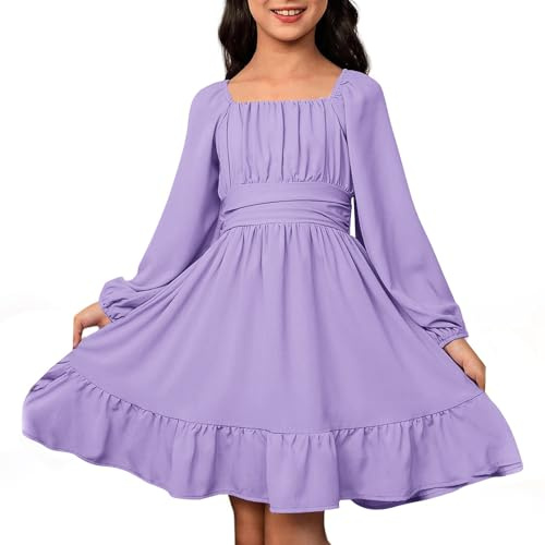 Generisch Vestito da ragazza a maniche lunghe, casual, con schiena scoperta, con fascia in vita, estate, primavera, ragazza, abbigliamento per bambini, abbigliamento per bambini