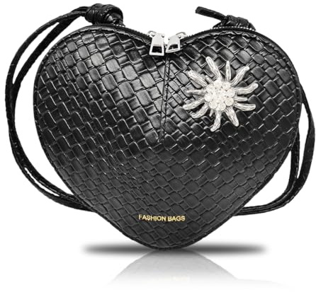 QIMMU Damen Dirndl Tasche, Trachtentasche, Oktoberfest Tasche, Herztasche mit Edelweiß, Schwarz, 19 x 22 2 cm, Retro, Herzform, Leicht