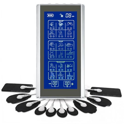 TENS/EMS Gerät Schmerztherapie, 36 Modi, 20 Intensitäten, 2 Kanal | Reizstromgerät mit großem LCD-Display, USB Wiederaufladbar, Muskelstimulator für Rücken, Nacken & Gelenke (Silber)