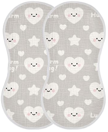 miaozhen Simpatici panni in mussola di cotone a forma di cuore con stella felice, grigi e bianchi, grandi e assorbenti, per bambini, unisex, set da 2, 55,9 x 27,9 cm