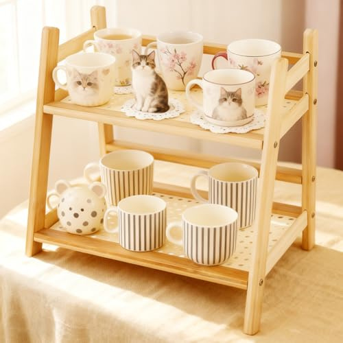Küchen Organizer, 2-stufig Bambus Tassenhalter, Gewürzregal Stehend, Tee Organizer, Tassenregal, Arbeitsplatte, Küchenthekenregal, Tassen-Display für Küche, Schlafzimmer und Büro (40x18x28.5cm)