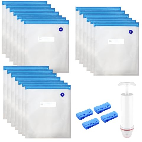 20 Stück 30x34cm Vakuumbeutel Lebensmittel Wiederverwendbar mit Ventil Reißverschluss Pumpe Dichtungsklammern Vakuumversiegelte Bags Sous Vide Vakuumierbeutel Vakuumierer Zuhörer Essen Fleisch
