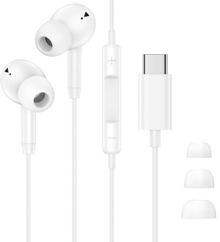 Écouteurs filaires USB C, écouteurs intra-auriculaires de type C avec micro et contrôle du volume, HiFi stéréo intra-auriculaires USB de type C pour iPhone 17 16 15 14 13/Google Pixel 10 9 8 7 6