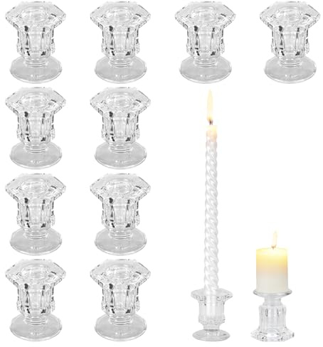 12 Stück Transparente Glas Kerzenständer, Stabkerzenhalter mit Sechseck Sockel, Dickwandig Kerzenhalter für Hochzeit, Party, Weihnachten & Heim Tischdekoration, Innen Dekoration ohne Kerzen
