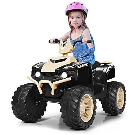 COSTWAY 12V elektrisk barnfyrhjuling med strålkastare, mini elektrisk fyrhjuling med musik & tuta, barnfyrhjuling med 4 hjul 2,8–5 km/h, barnmotorcykel, barnbil, elektrisk bil för barn från 3 år (gul)