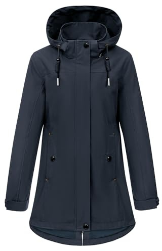 CMTOP Giacca Donna Softshell Impermeabile Antivento, Giacca Mezza Stagione Lungo con Tasche, Primavera Autunno Outdoor Parka Cappotto, Giacche Giubbotto con Cappuccio Removibile(blu navy,L)