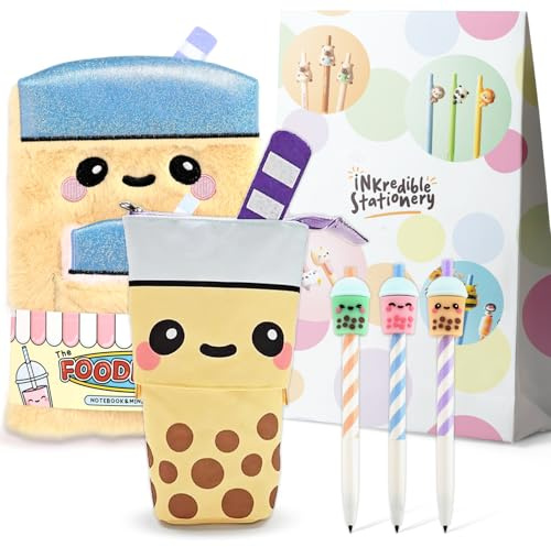 Puckator Foodiemals Boba Bubble Tea Schreibwaren-Set | Plüsch-Notizbuch mit Tasche, Pop-Up-Federmäppchen und Druckbleistifte | Schreibwaren im Kawaii-Stil