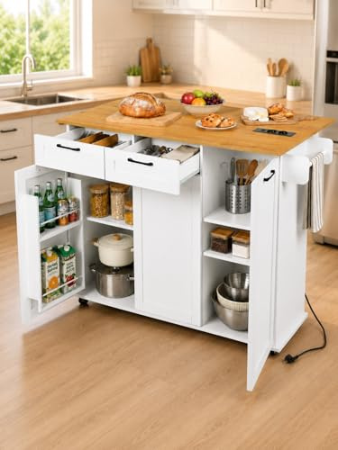 Amveya Isola da Cucina con Presa Elettrica Carrello da Cucina con Ruote 119.5x46.2x91 cm Bianco Mobile da Cucina con Piano di Lavoro Tavolo Ausiliario con Porta Spezie Credenza Cucina
