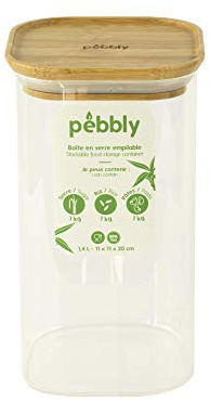 Pebbly QUADRATISK glasbehållare med bambumock 1,4 l, borosilikatglas, bambu, silikon, natural, 11 x 11 x 20 cm