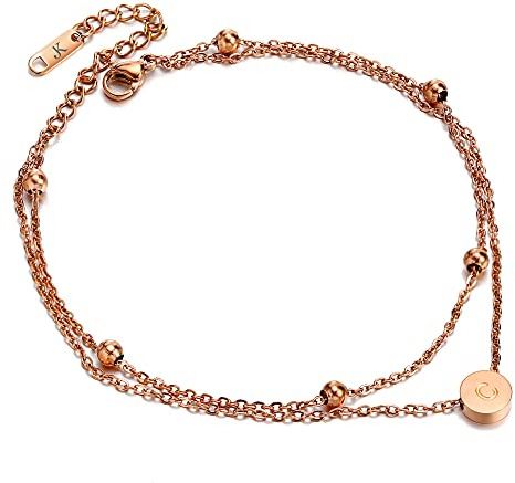 Kim Johanson Edelstahl Damen Fußkettchen *Buchstabe* in Roségold Doppelte Fußkette mit 6 Kugeln | Buchstaben A bis Z | Wasserfest | Frauen Boho Schmuck | Verstellbar inkl. Schmuckbeutel