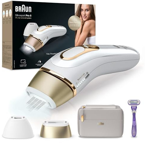 Braun IPL Silk Expert Pro 5 – IPL Geräte Haarentfernung, Dauerhafte und Schmerzfreie Haarentfernung für Zuhause – inkl. Etui, Venus Rasierer, 2 Aufsätze, Designed In Germany – PL5157, Weiß/Gold
