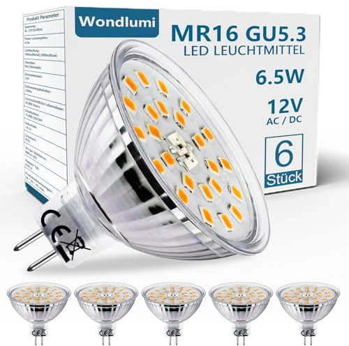 Wondlumi Bombillas LED MR16, GU5.3 Bi-Pin en Blanco Frío 6000K, 6.5W, 700 lúmenes (equivalente a 60W de bombilla halógena), Ángulo de haz de 120°, No Regulables, Paquete de 6 unidades.