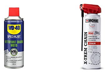 WD-40 Specialist Moto • Nettoyant Chaîne & IPONE - Graisse de Chaîne pour Moto Route X-trem Chain Road – Flacon Aérosol à Diffuseur Multi-positions 250 ml - Tenue longue durée 800 km
