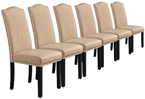 Yaheetech Lot de 6 Chaises de Salle à Manger en Tissu Haut Dossier Large Assise Confortable Ensemble de Chaises de Cuisine Pieds en Bois Massif Design Classique Garniture Boutons Bronzés Kaki