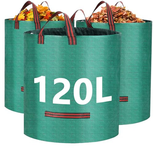 RFWIN Heavy Duty Garden Waste Bags, 120 Litre 3 Pack Reusable Garden Sacks Builders Bags, Industrial Fabric and Handles, Refuse Rubbish Bag Waterproof Green Waste Sack for Plant Leaf Trash Debris