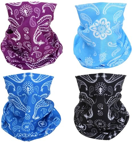 SMEHCF 4 Bandanas Polyvalents pour Femmes Hommes Bandeau Cagoule Cheveux Foulard Visage Demi Masque Cache-Cou Respirant Réutilisable Lavable Noir Bleu Violet Fleur Cajou