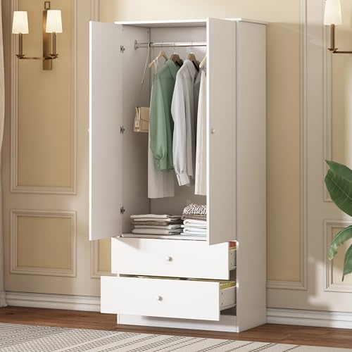 soges Kleiderschrank mit 2 Türen und 2 Schubladen, Kleiderschrank für Schlafzimmer, Weiß, 80 x 40 x 175 cm