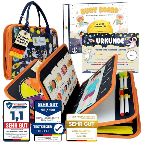 Lion’s Collection® Busy Board Deutsch mit Reisetasche & Montessori Buch – Quiet Book & Busy Book für Kleinkinder ab 3 Jahre – Activity Board, Motorikbuch & Lernbuch – Reisespielzeug Auto & Flugzeug