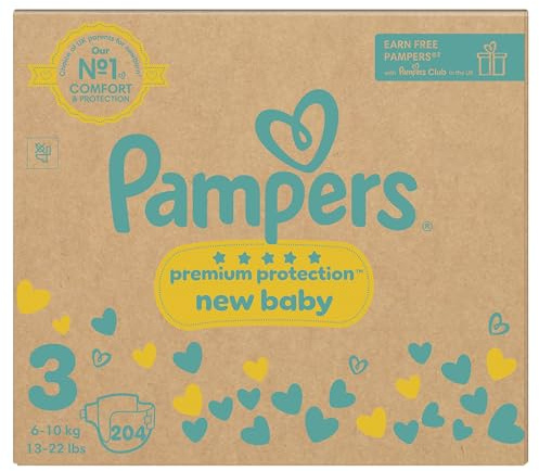 Pampers Premium Protection New Baby Größe 3, 204 Windeln, 6 kg-10 kg, Monatspackung + Pampers Harmonie Aqua-Baby-Feuchttücher, 1 Packung mit 10 Tüchern