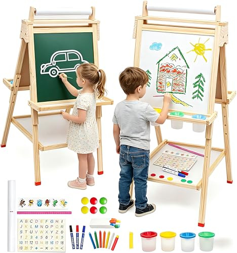 Kids Easel 3 in 1 Double Sided Chalkboard Whiteboard with Paper Roll Wooden Art Easel Mini Painting Board Standing Easel Height Adjustable with Storage Tray Letters Numbers and Other Accessories